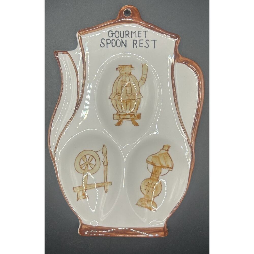 Vintage Ceramic Hand Painted Gourmet Triple Spoon Rest Kitschy Kitchen Retro